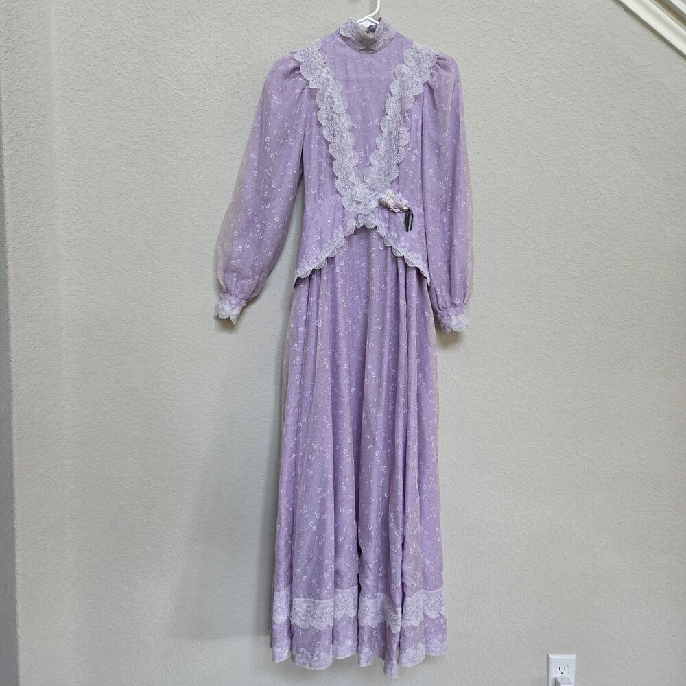 Vintage Handmade Maxi Dress Womens XXS XS Lavender Floral Prairie Cottage Boho
